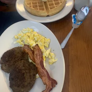 Waffle scrambled eggs bacon and sausage (sausage was really good)