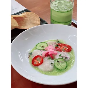The first course: Sea Scallop Agua Chile, Cucumber, Jalapeño, Pickled Red Onion.