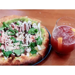The second course: Dean + Peeler skirt steak pizza, charred corn, cilantro, Chile limon, Crema Mayo, Avocado Salsa, Monterey Jack.
