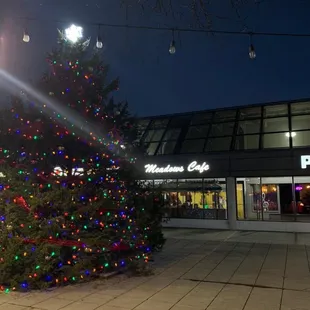 a lighted christmas tree in front of a building