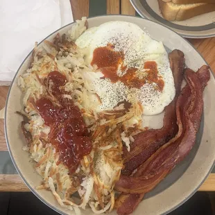 bacon, hash browns, and eggs