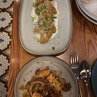 Fried green tomatoes (top), Spanish octopus &amp; chorizo (bottom)
