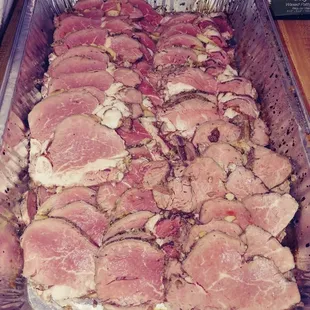 Beef tenderloin sliced into medallions.