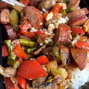 Smoked turkey sausage with mixed vegetables.