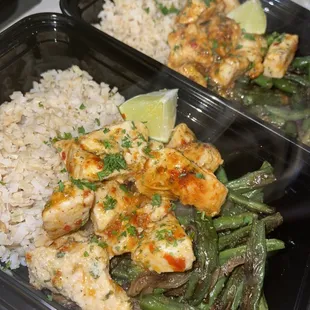 Sweet chili garlic chicken with sauteed green beans &amp; onions.