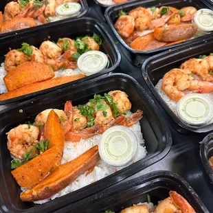 Island Shrimp Bowl - succulent shrimp, coconut flavored rice, roasted sweet potatoes and a tropical sauce