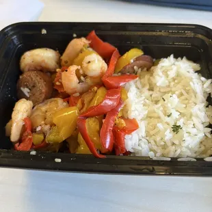 Create your own: Turkey sausage, shrimp, fajitas bell peppers and white rice.