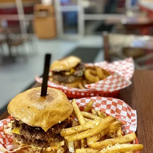 Mean fried egg burger with garlic Parmesan fries.