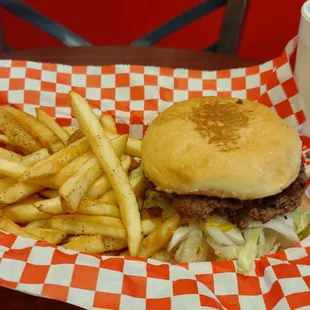 Mean Burger, fries and tea