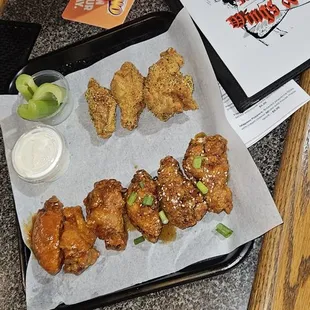 Far left- nashville peach. Asian Sticky and dry rub lemon pepper. $1 wings on Wednesdays