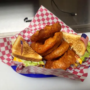 Turkey Club and Beer Battered Onion Rings