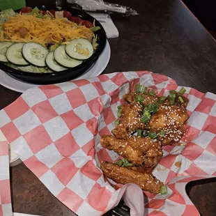 Chicken salad and Asian sticky wings