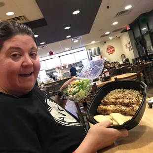 Kabob Dinner comes with cut up pita bread, rice, small Greek salad, and 2 chicken kabobs