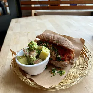 White sausage marinara on crunchy roll: yum.