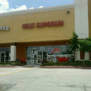 the entrance of a meat emporium