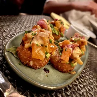 Crispy rice topped with salmon