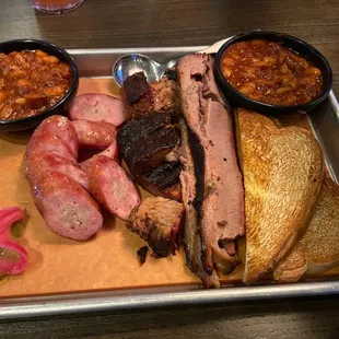Sausage, brisket and burnt end platter