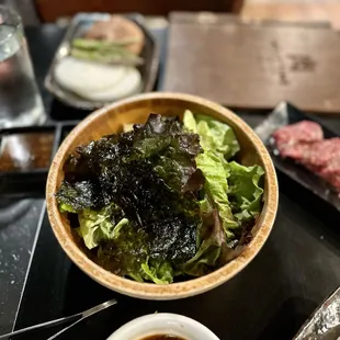 Salad with crunchy dry seaweed pieces. Love the dressing it was delicious!