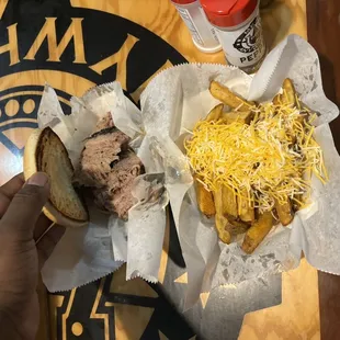 Brisket sandwich and fries