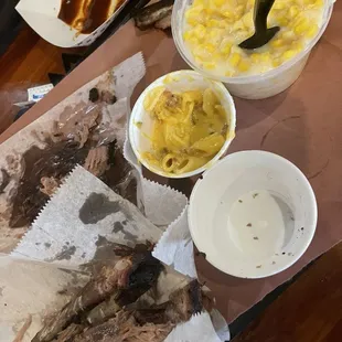 Sliced brisket, Mac cheese, and creamed corn.