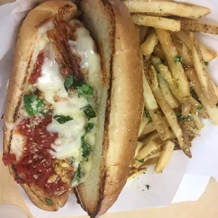 Stinky meatball sub and garlic Parmesan fries