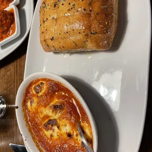 Garlic Ciabatta Loaf and mozzarella balls in marinara