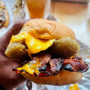 Potato Bacon Egg n Cheese sandwich