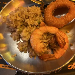 Fried rice, shrimp, onion ring