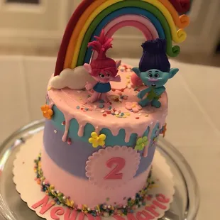 Trolls birthday cake. Cake large enough to feed up to 15 guests. $98.00. Couldn&apos;t have turned out better! Highly recommend.