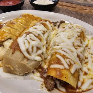 Lunch special #14: chimichanga, enchilada, and tamale. Reasonably priced, and tasted very good!
