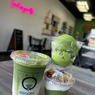 Matcha latte(level 1), soft serve(level 2) &amp; matcha chia pudding.