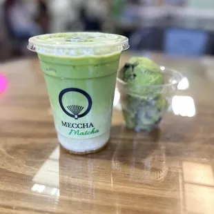 Matcha latte and matcha ice cream