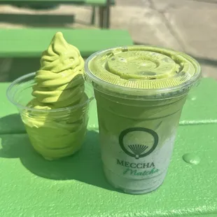 matcha soft serve, matcha almond black sesame latte