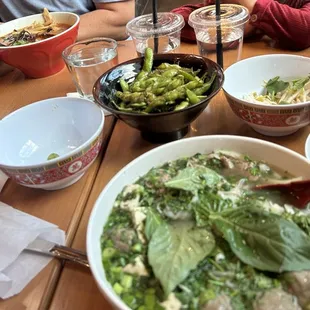 Beef Meatball pho, chicken edamame