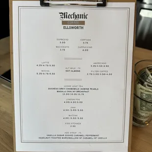 Coffee menu
