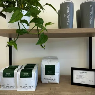 a shelf of coffee beans