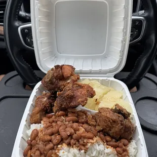Chicharron de pollo (fried chicken) with arroz blanco (white rice &amp; pinto beans) and yuca $15.75 (instagram: @issa.cheatday)