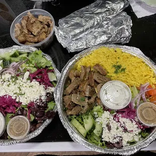 Green salad w/ meat on side and lamb gyro plate with pita