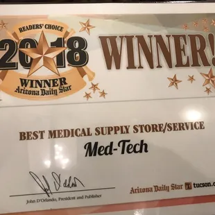 Med-Tech Inc Voted Tucson's Best Medical Supply Store &amp; Service!