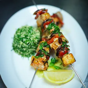 Swordfish Kebab- Grilled Cubes of Swordfish served with Tabbouleh salad, Lemon juice &amp; EVOO.