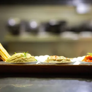 Mediterranean Dipping Tray - Hummus, Baba Ganoush &amp; Roasted Peppers with Feta &amp; Grilled Pita Bread