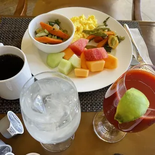 a plate of food and a cup of coffee
