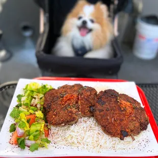 Chapli Kabab Platter: Minced Beef Patties w/ basmati rice, salad | $15.49 (four dog-friendly tables outside)