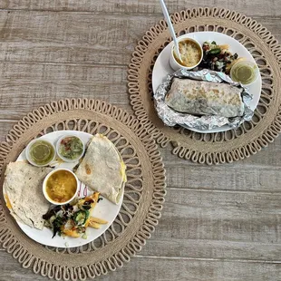 Tri Tip Quesedilla, Burrito Trip, California Fries, Chili Beans