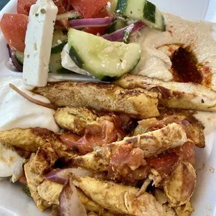 Chicken Kebab with Salad and Hummus