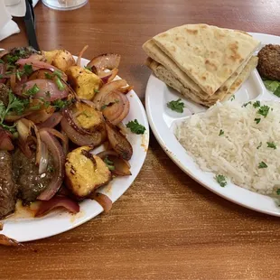 Chicken, beef and kofta kabobs with veg, rice, pita, falafel. Good, and good value.