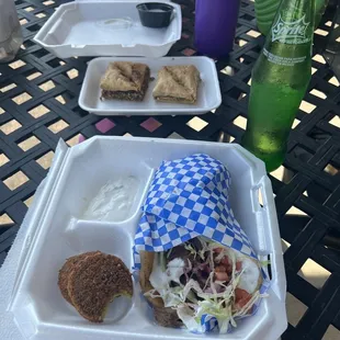 Two gyros and four felafel balls.  Walnut and pistachio baklava.