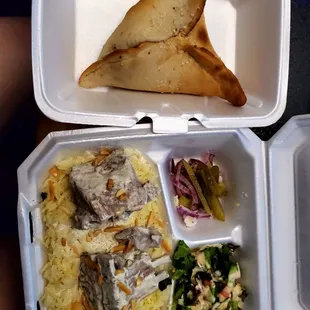 Mansaf (Smoked White Rice &amp; Lamb With Yogurt Sauce and Mediterranean Salad) Pickled Veggies. Feta Cheese Stuffed Baklava