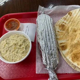 Baba ghanouj and falafel sandwich