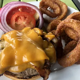 Burger and onion rings.